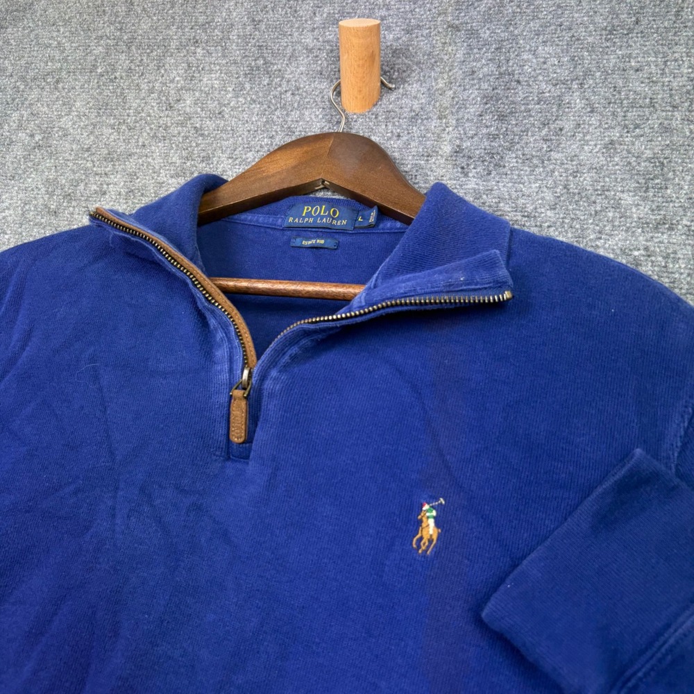 Polo Ralph Lauren Pullover Mens L Blue Estate Rib Quarter Zip Cotton Sweater